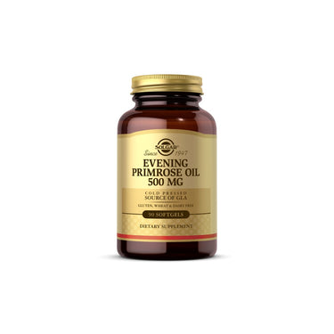 A bottle of Solgar Evening Primrose Oil 500 mg dietary supplement for skin health, containing 90 softgel capsules, isolated on a white background.